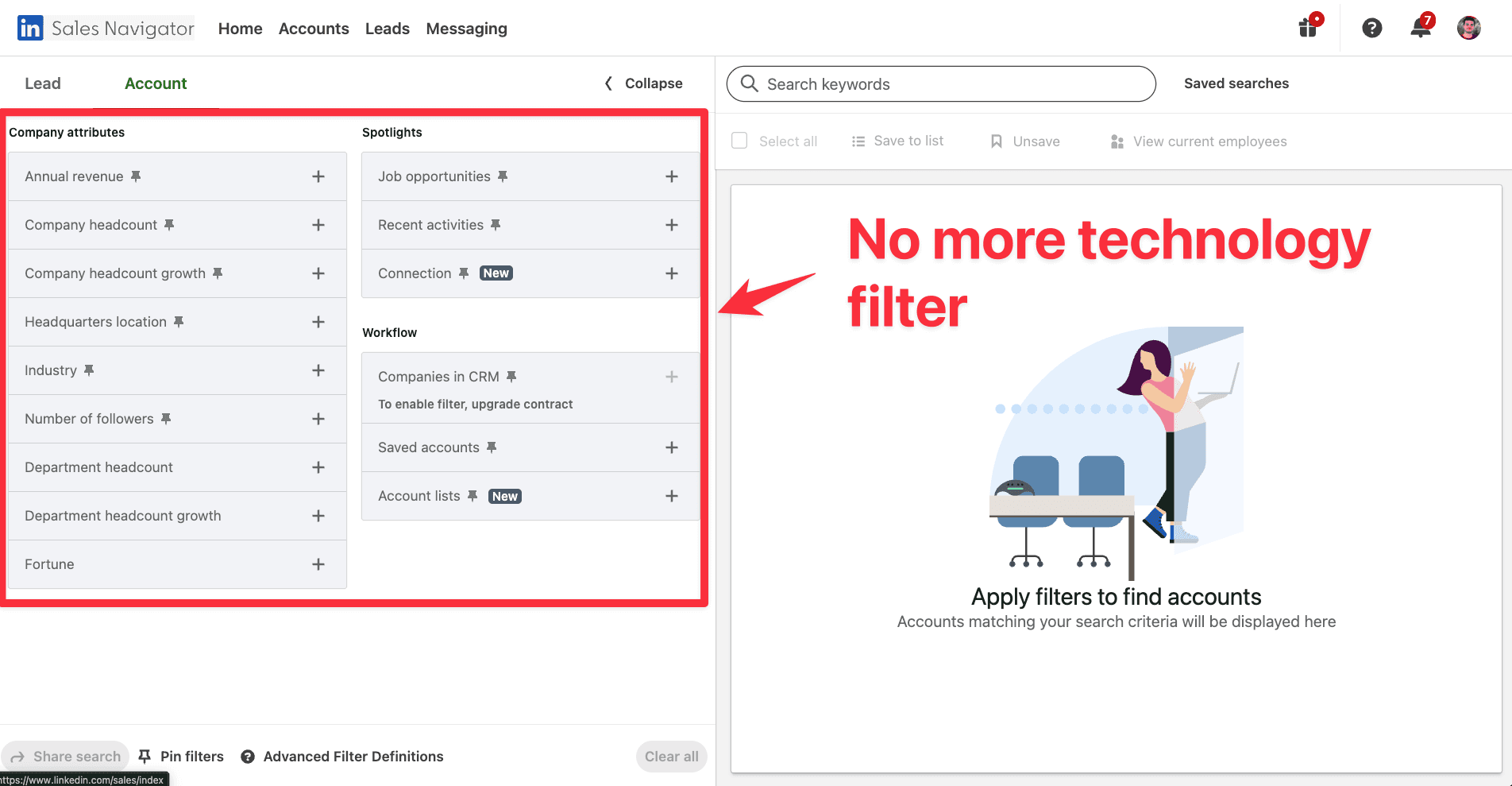 No technology filter on LinkedIn Sales Navigator