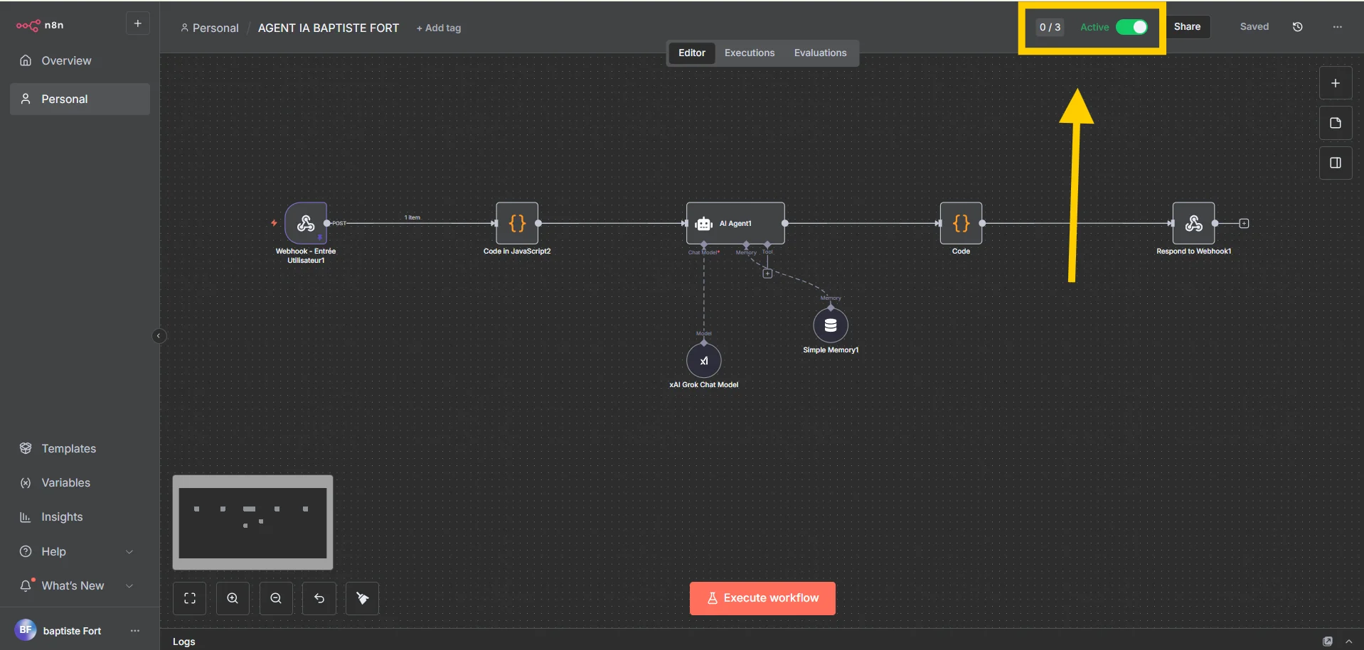 Image pour montrer comment activer sur workflow sur n8n