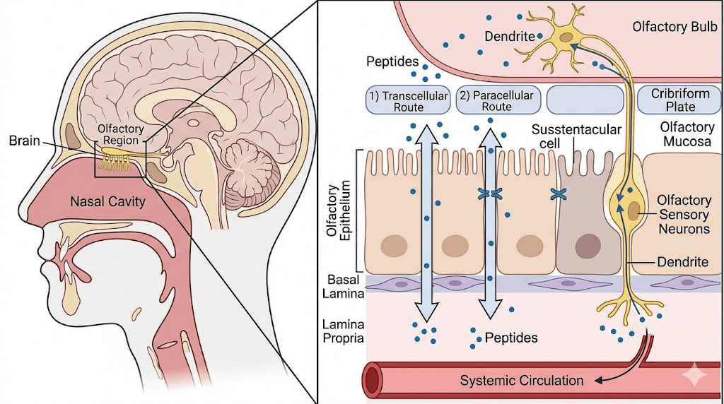 Intranasal peptide absorption pathways in nasal cavity diagram