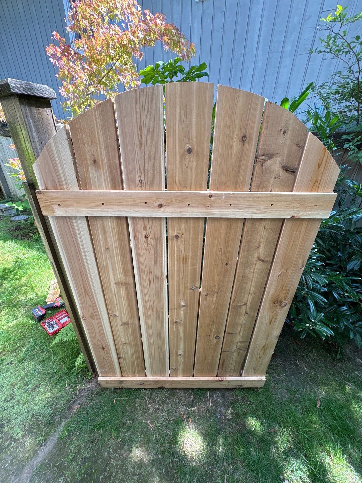 Completed exterior privacy gate following repair, hardware adjustment and realignment.