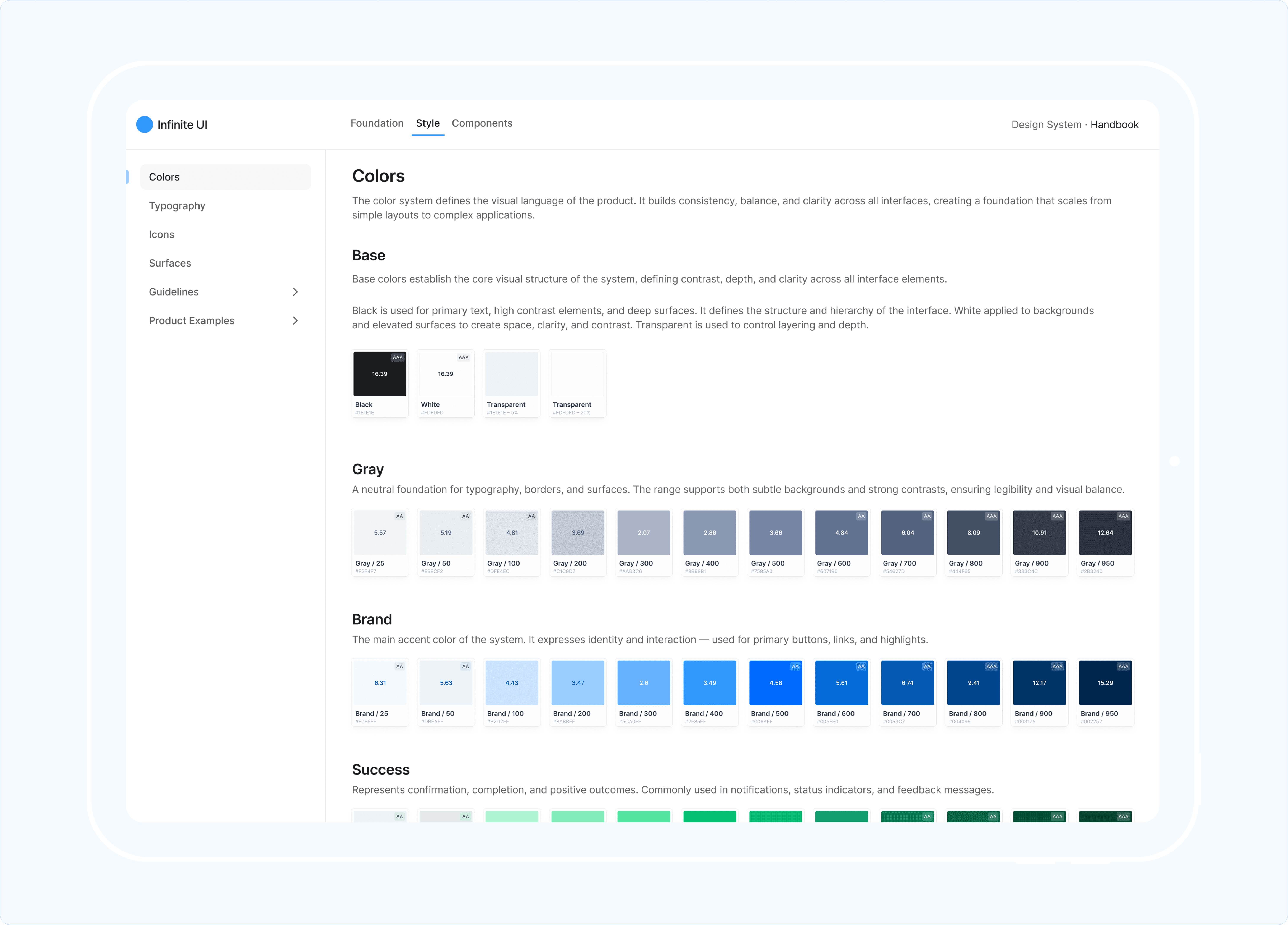 A design system color palette page displaying swatches for Base, Gray, Brand (blue), and Success (green) color ramps, each with specific shade values and descriptive usage guidelines
