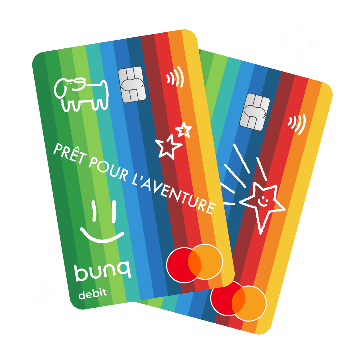 Deux cartes de crédit colorées qui se chevauchent sur un fond circulaire sombre.