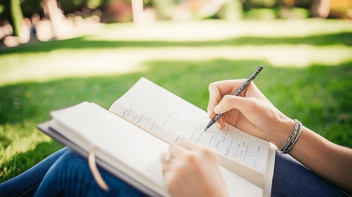 Hands writing in an open notebook outdoors on green grass.