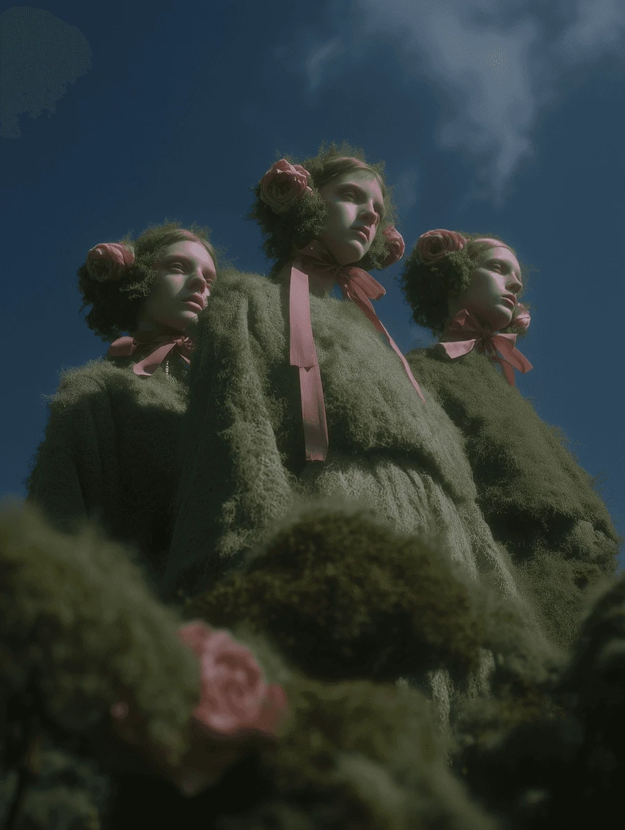 Three surreal figures with moss-textured skin and pink ribbons.