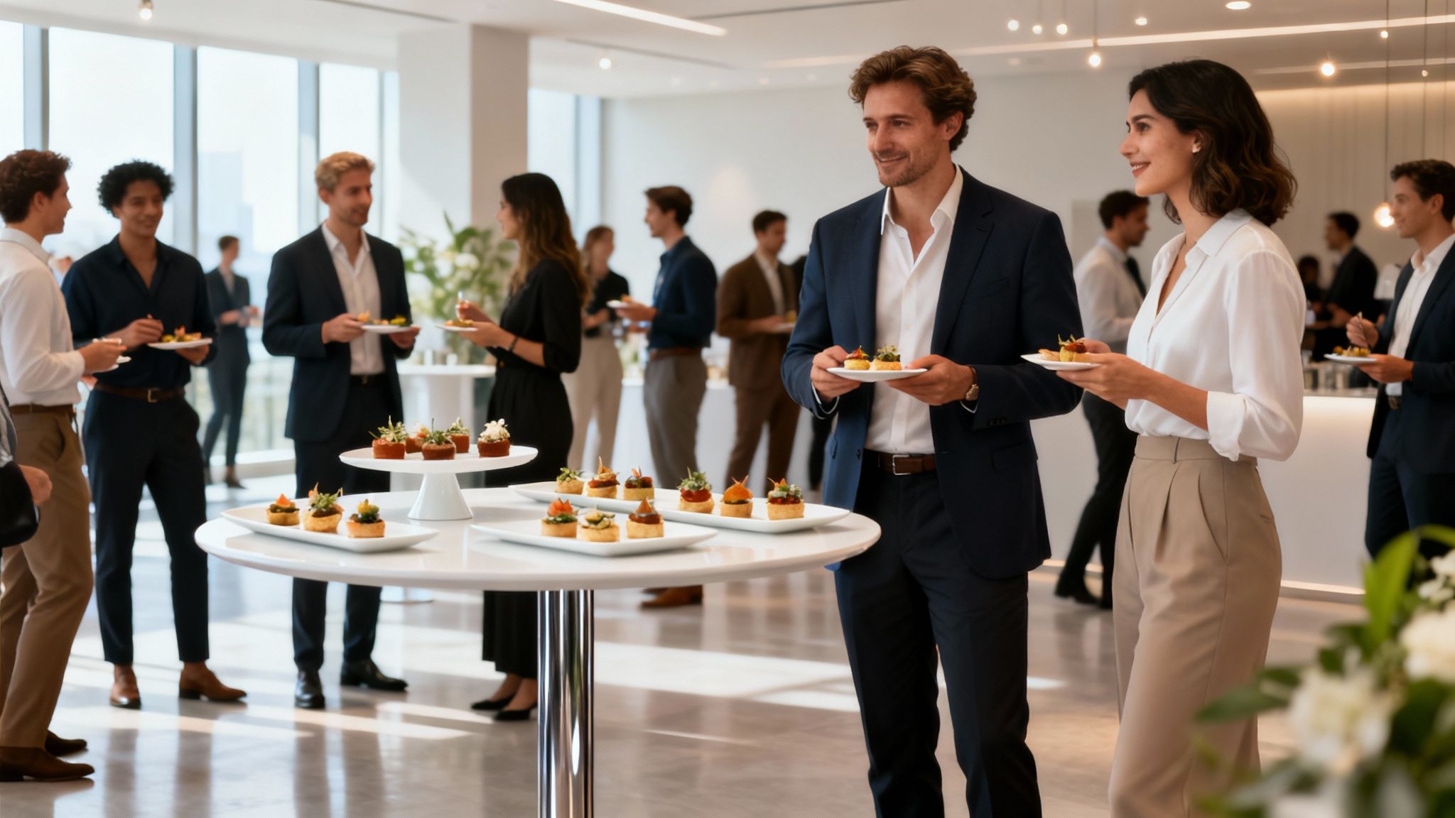 Grupo de personas en un evento corporativo, comiendo canapés y socializando en un espacio moderno.