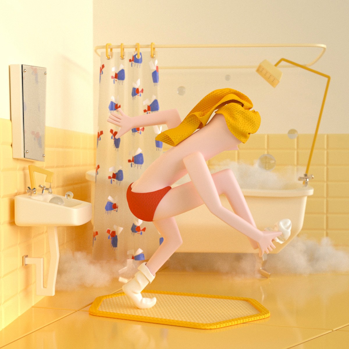 3d character in a yellow bathroom
