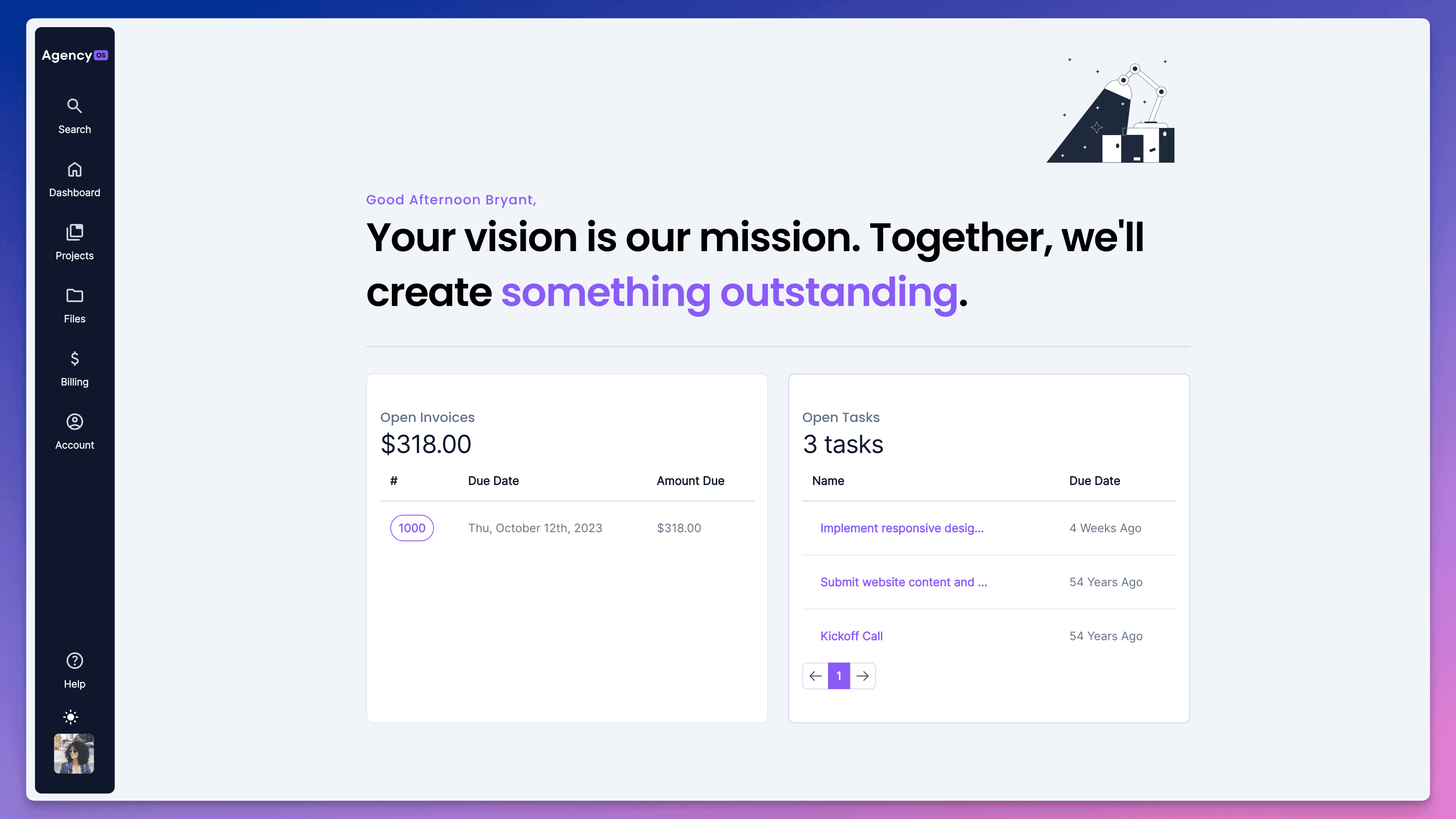 The portal shows open invoices, open tasks, and has sidebar items such as projects, files, billing, and account.