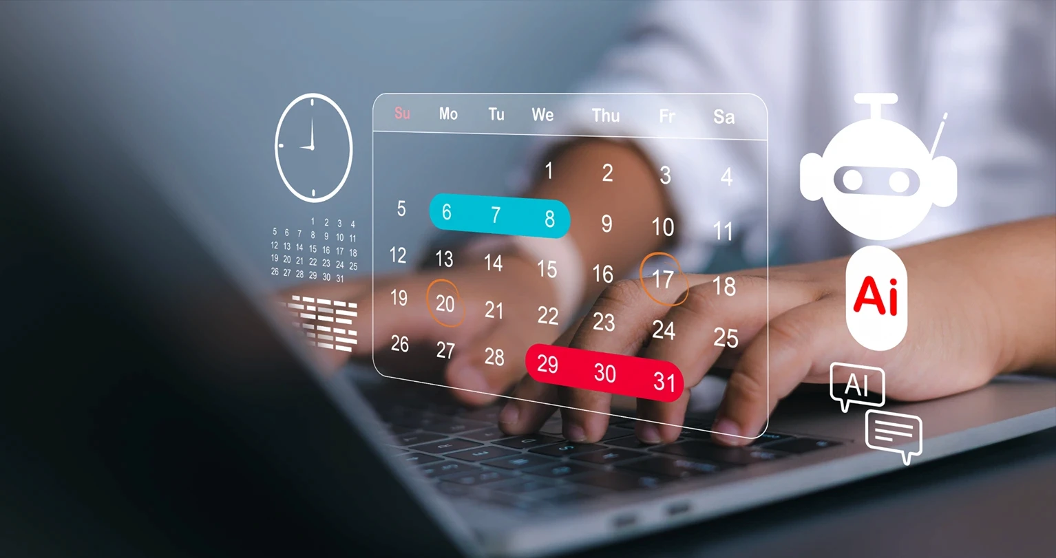 Close up of hands using laptop with digital AI assistant icon and calendar scheduling interface for efficient time management and business automation concept.