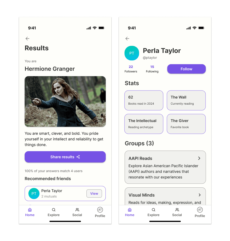 Mobile screens of proile home and quiz results page