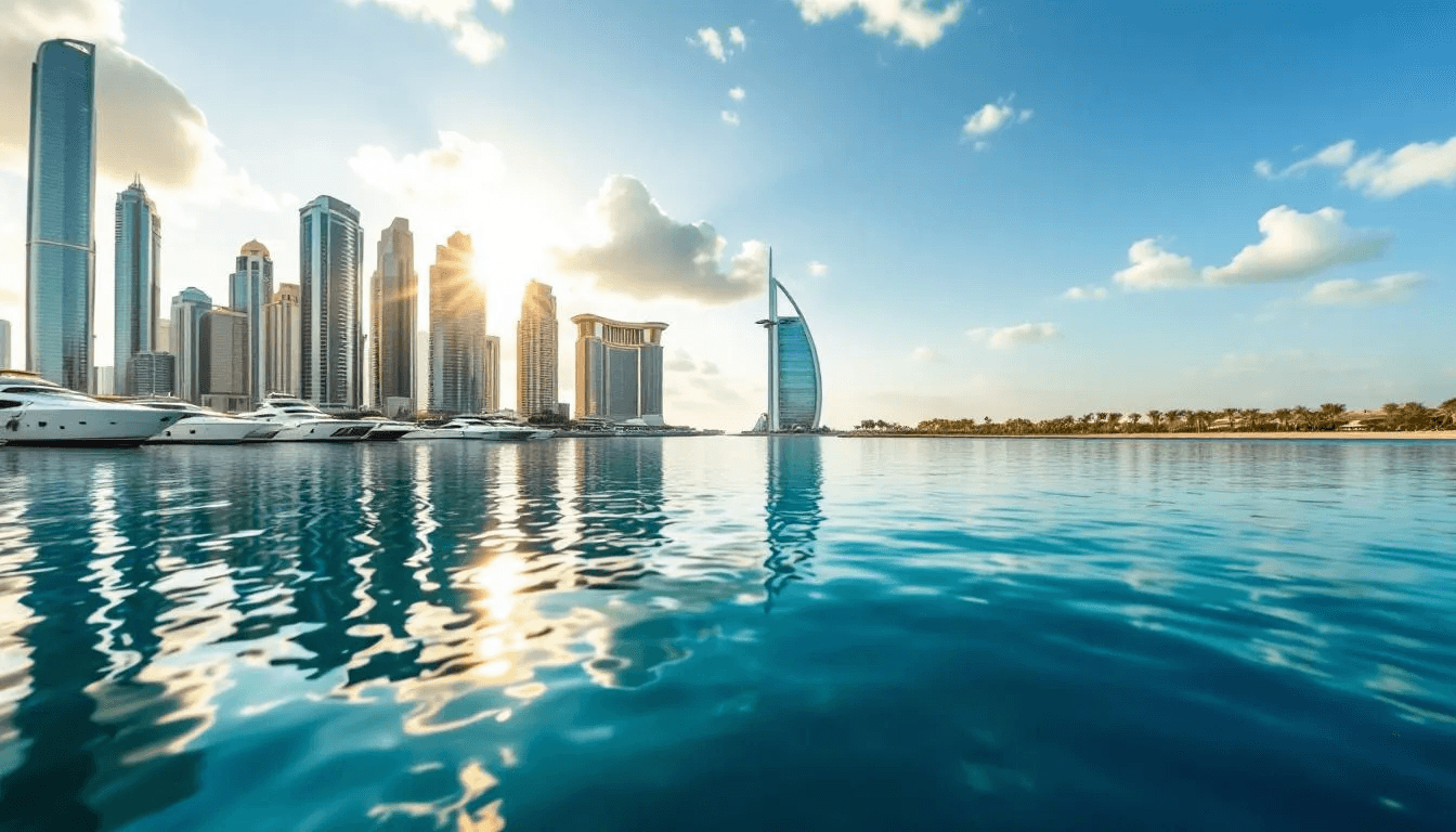 Der Blick vom Wasser aus zeigt die beeindruckende Skyline von Dubai Marina mit ihren modernen Wolkenkratzern und die ikonische Palm Jumeirah, eine der bekanntesten Sehenswürdigkeiten in Dubai. Die Szene wird von der Sonne beleuchtet und vermittelt ein Gefühl von Luxus und Lebensstil in dieser faszinierenden Stadt.