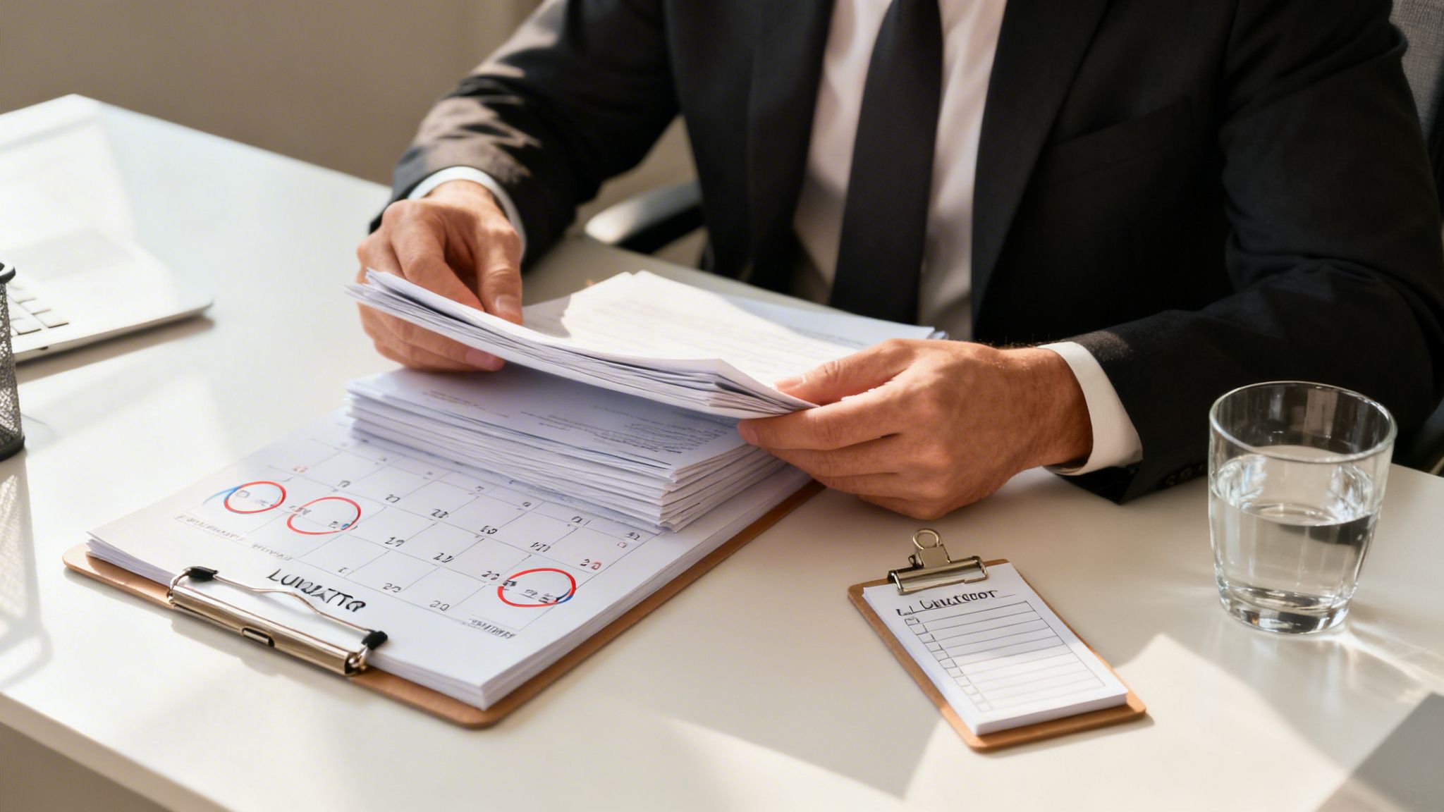 En person i kostym granskar dokument och en kalender på ett skrivbord.