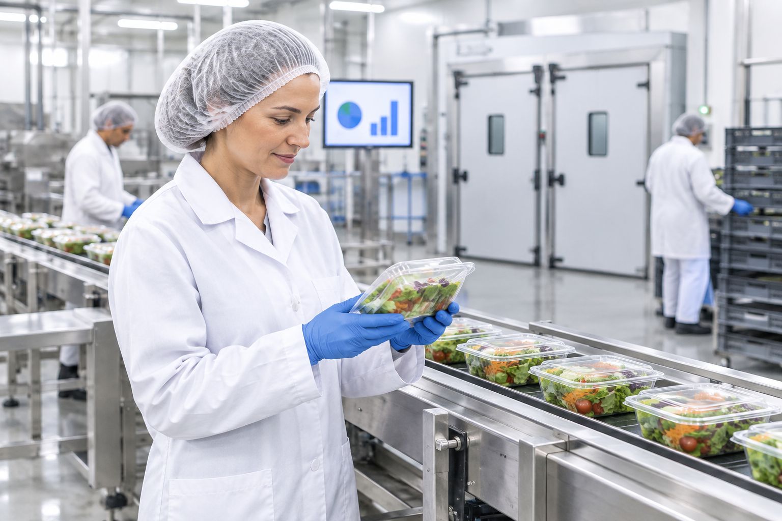 Food production line worker inspecting packaged goods on a conveyor