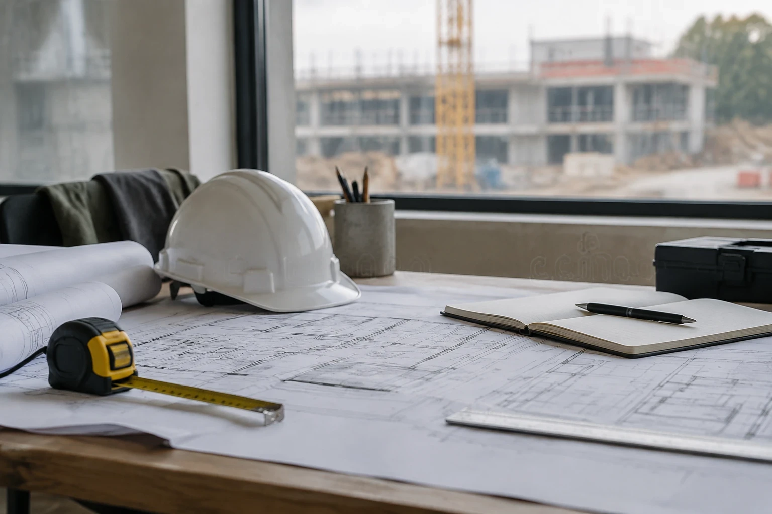 Plans de maison, casque de chantier et carnet posés sur une table de travail