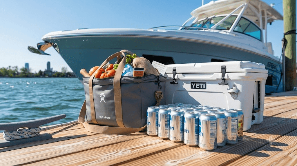 Well packed snacks on a boat dock.