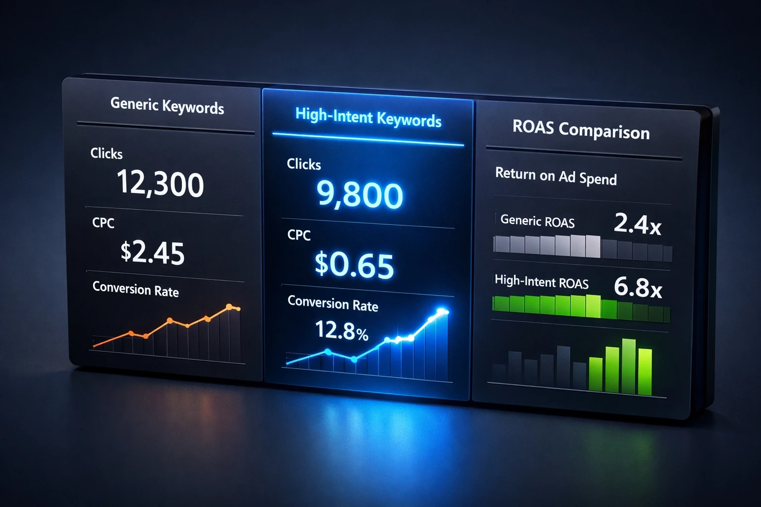 Google Ads dashboard comparing high-intent keywords vs generic keywords showing improved ROAS for boutique firms