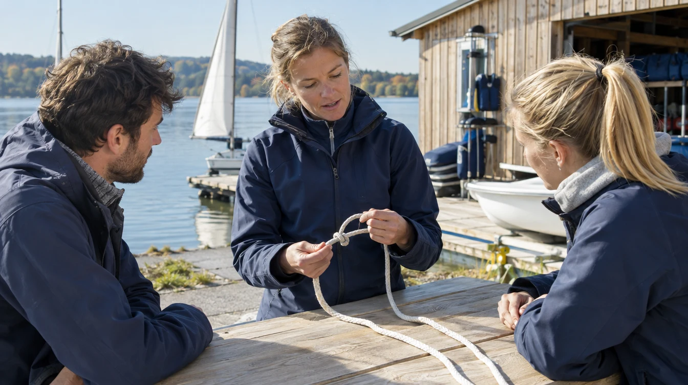 Segellehrer erklärt einen Knoten an Land