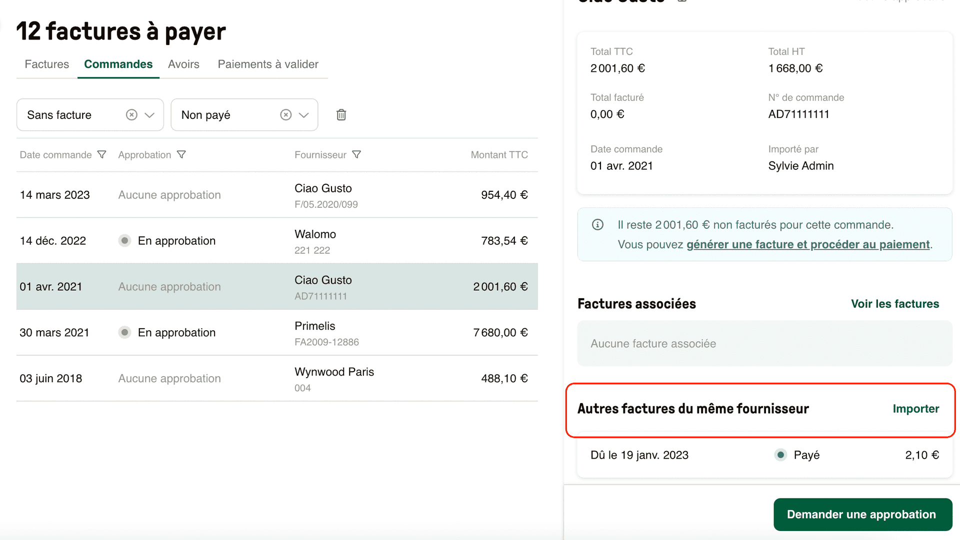 Associer une commande à plusieurs factures