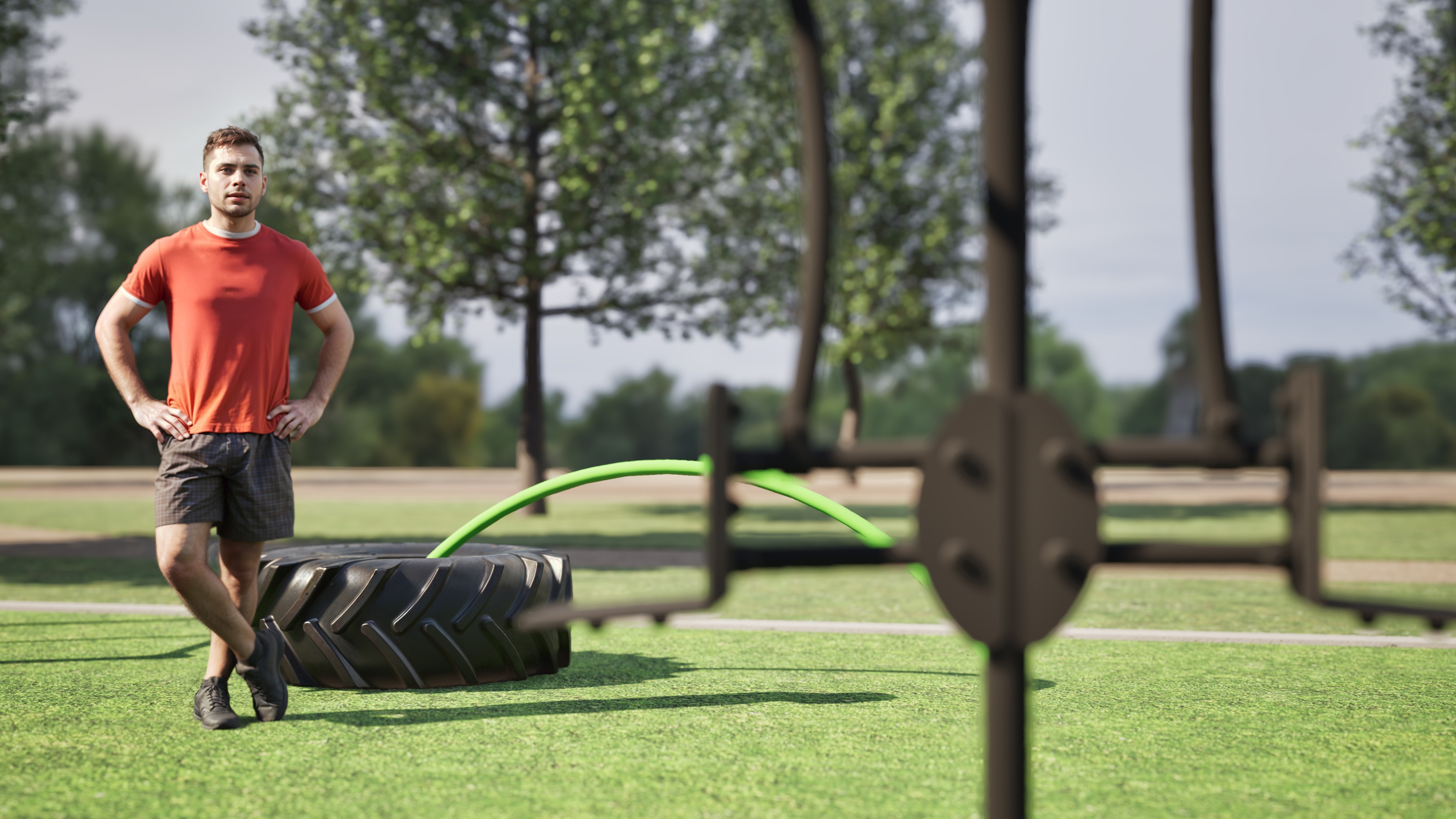scherpte diepte render van jongeman bij sporttoestel