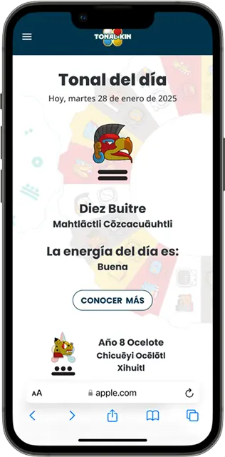 Maqueta de alta fidelidad de la interfaz de Tonalkin; presenta la tarjeta del 'Tonal del Día' con un botón prominente de llamado a la acción que invita al usuario a profundizar en la interpretación detallada de la energía actual.
