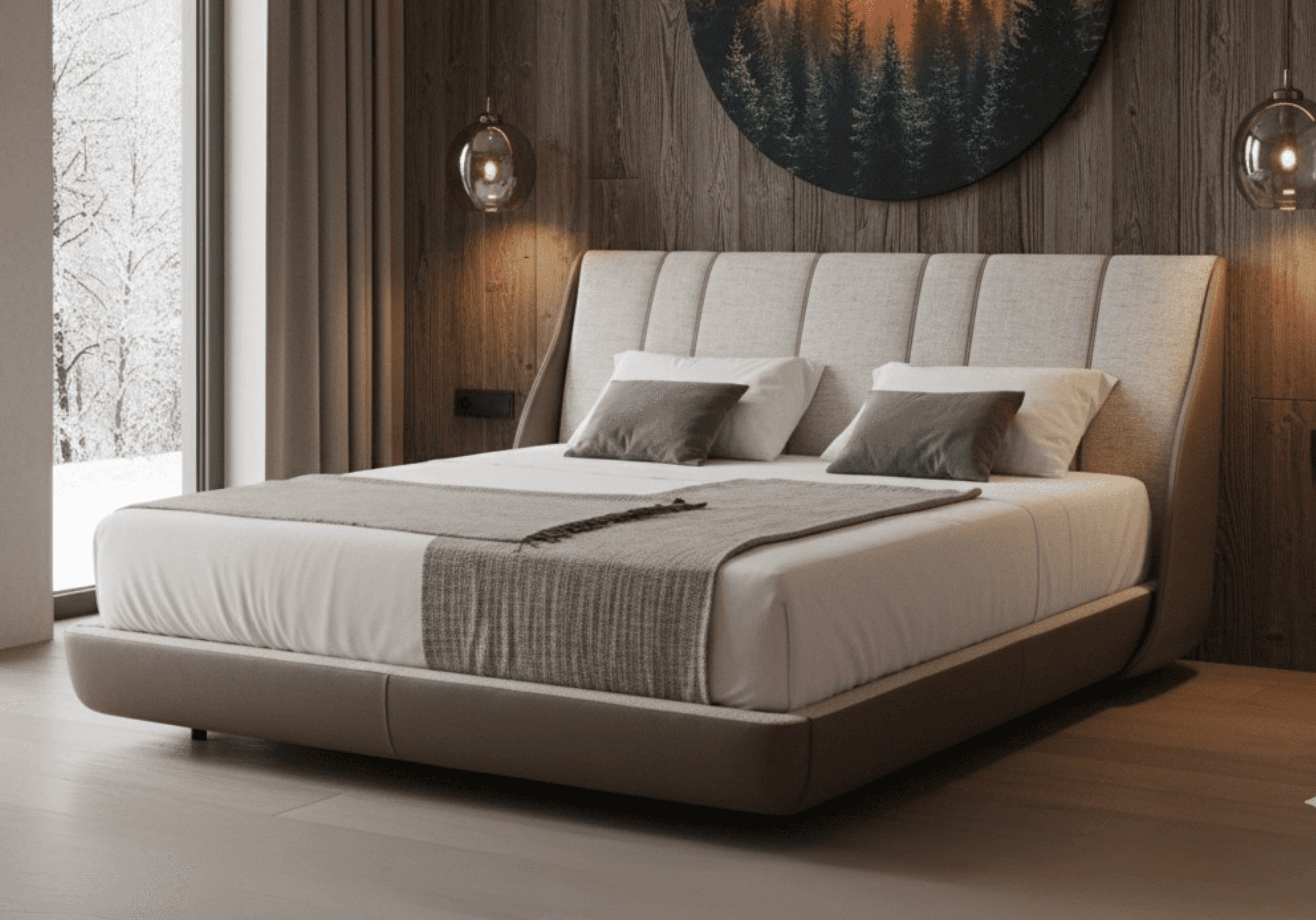 Two-tone bed with high curved headboard and cocoon feel.
