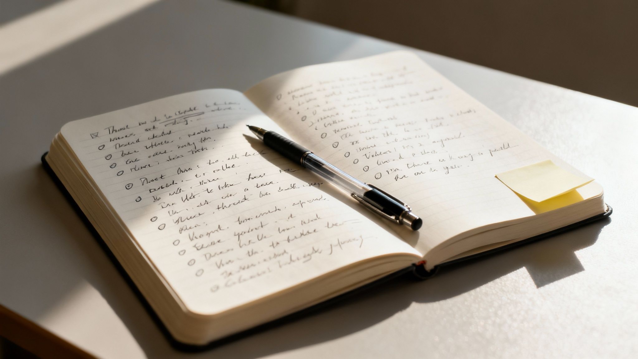 An open notebook with handwritten daily tasks and a pen on a sunlit table.
