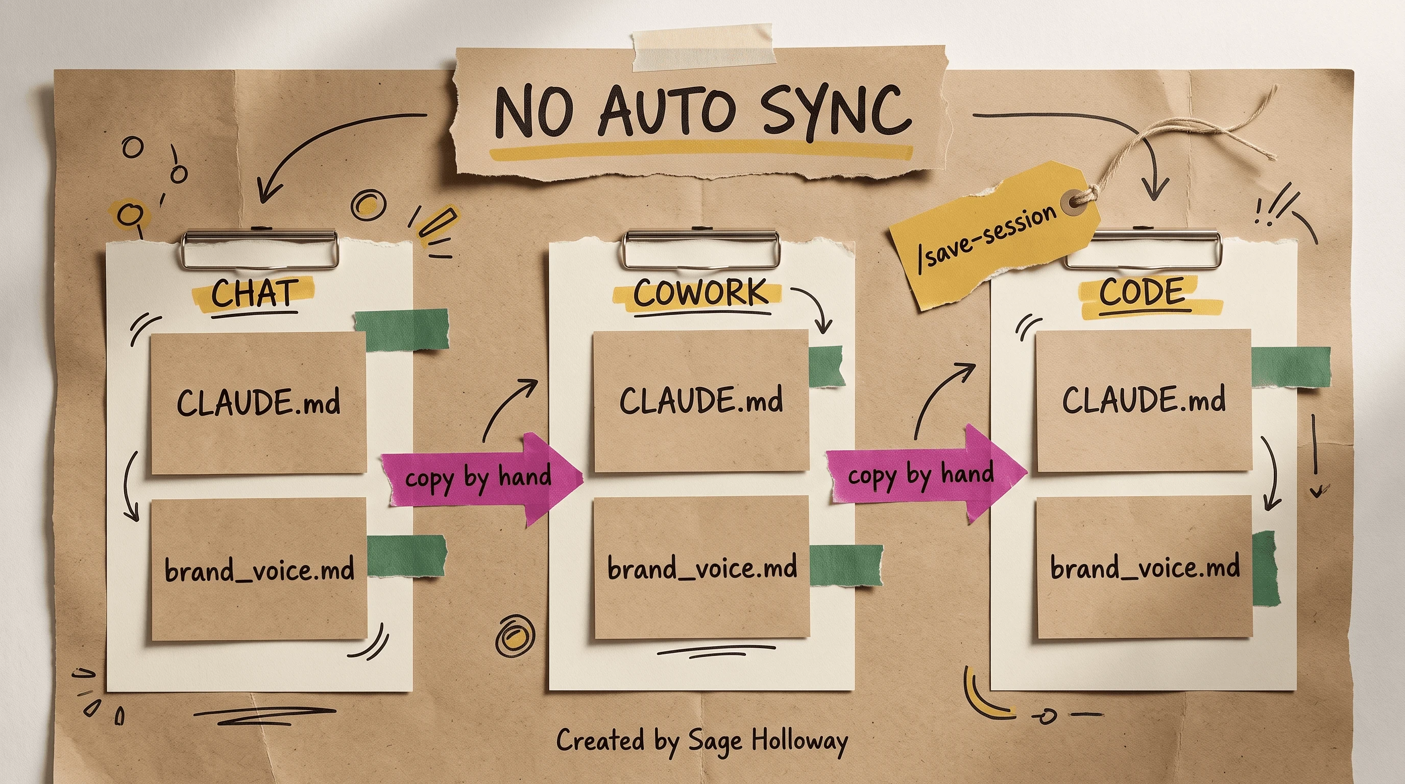 Diagram of copying CLAUDE.md and brand_voice.md across Chat Cowork and Code folders