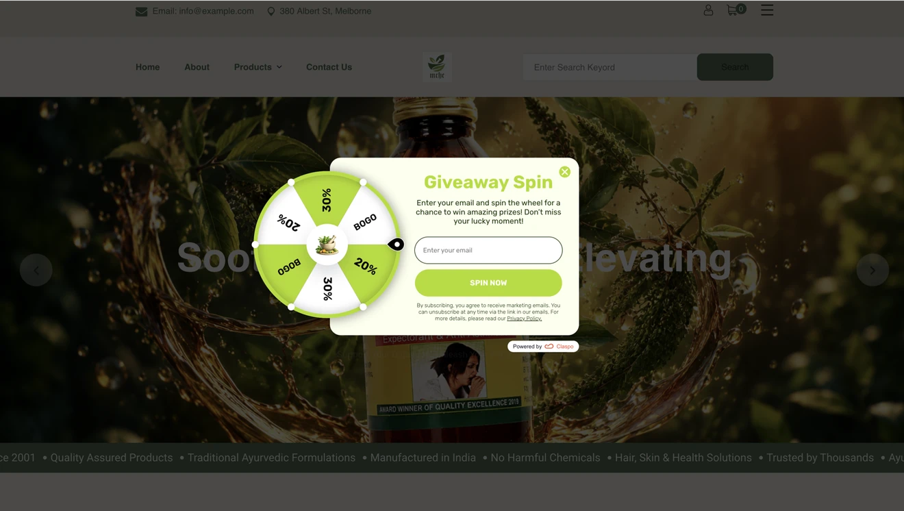 MCHC Ayurveda Spin the Wheel email popup by Claspo offering discounts and BOGO prizes