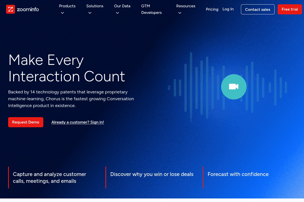Chorus by ZoomInfo homepage, conversation intelligence tied to ZoomInfo buyer data