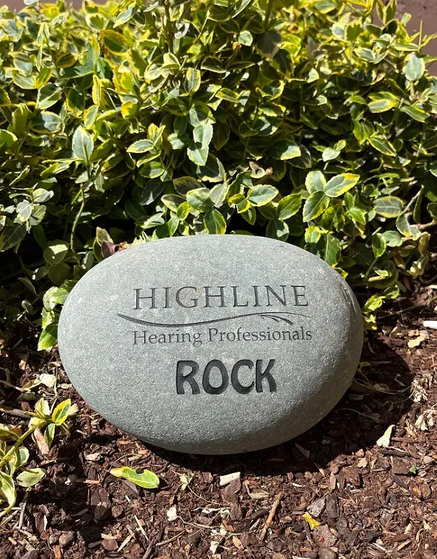 Smooth gray stone engraved with the word "ROCK," placed among green foliage.