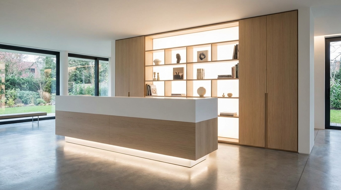 Modern living room with a comfy armchair, a dark sofa with decorative pillows, and a coffee table. Large windows.