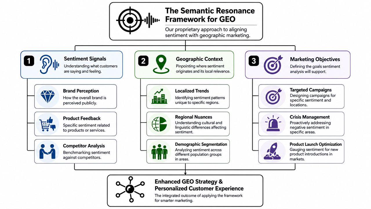 A diagram illustrating the Semantic Resonance Framework for GEO, connecting sentiment signals, geographic context, and marketing objectives.