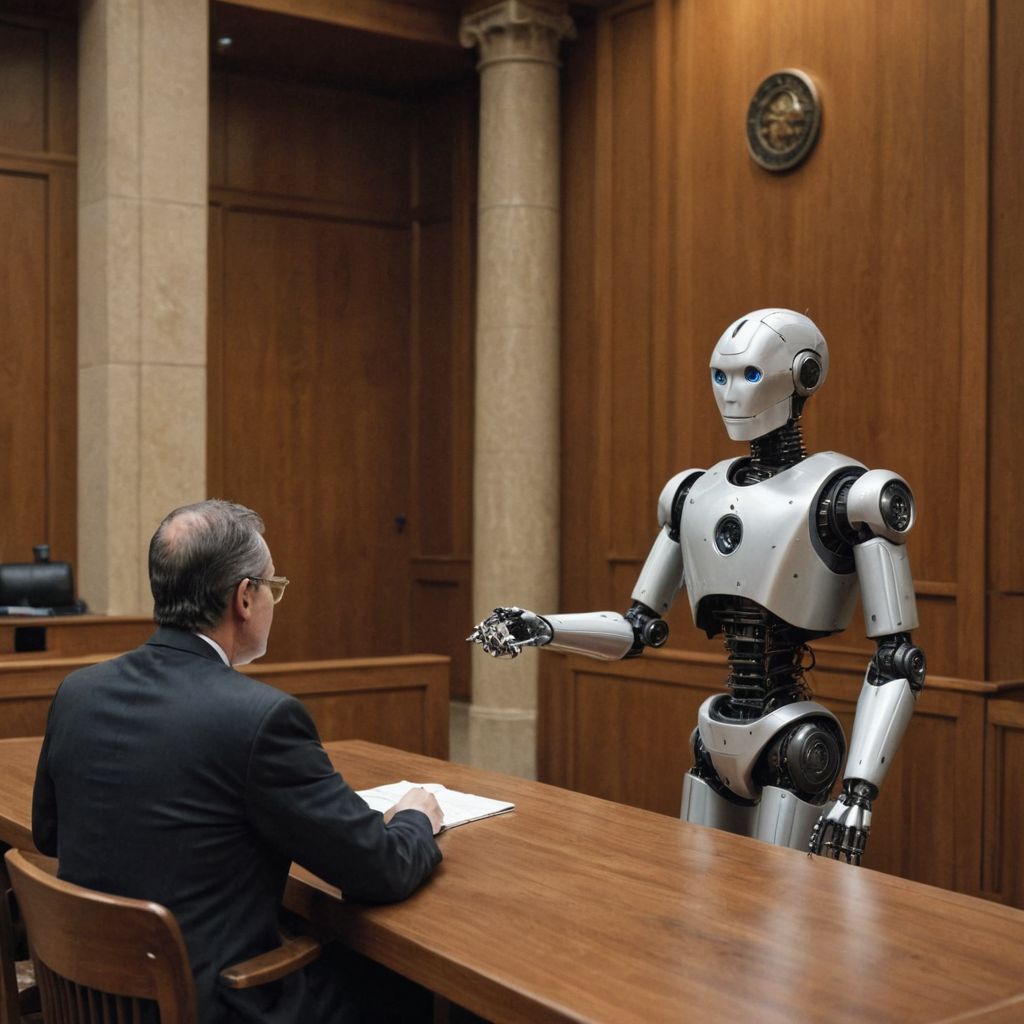 robot talking to a judge in a court of law