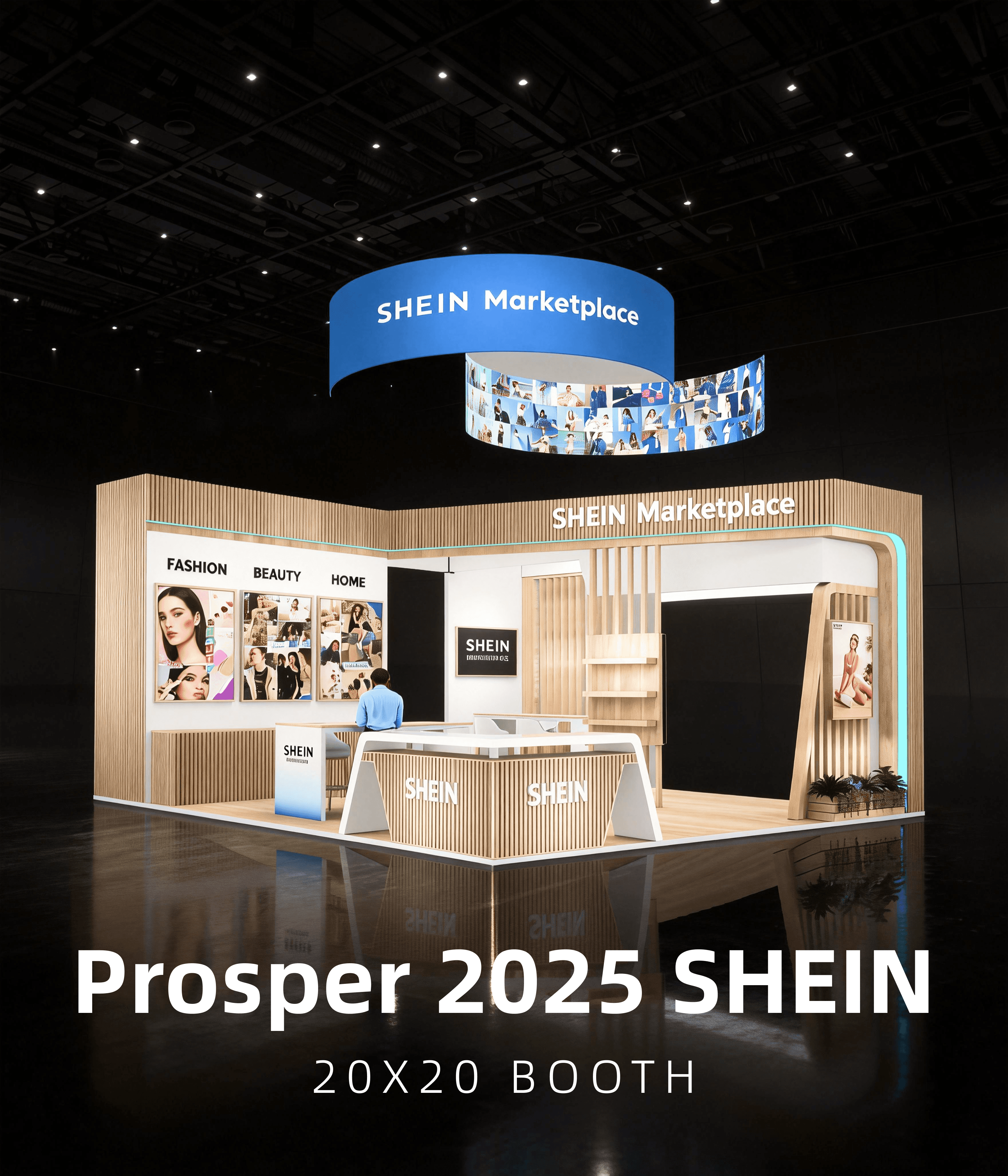 20x20 trade show booth design for SHEIN at Prosper 2025 with zoning for demo, meeting, and branding