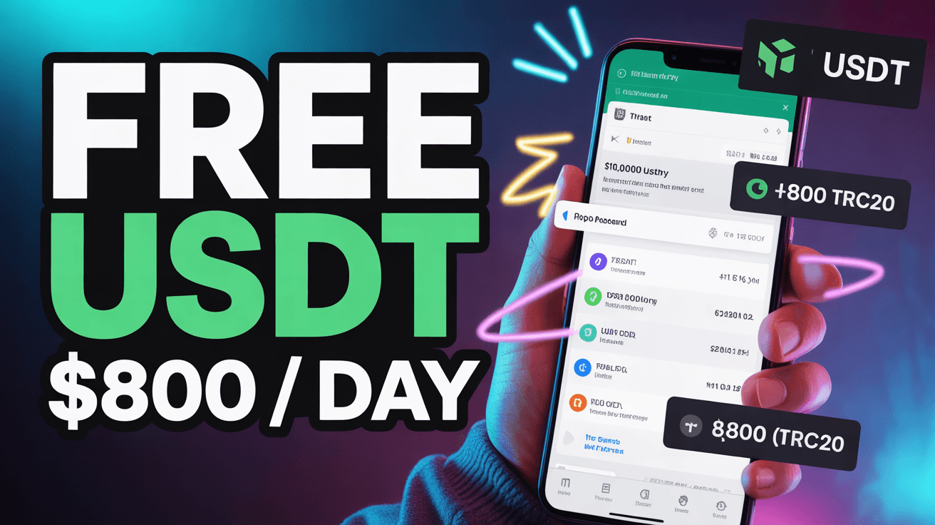 Hand holding crypto wallet phone with Free USDT $800 Day text and glowing USDT popups