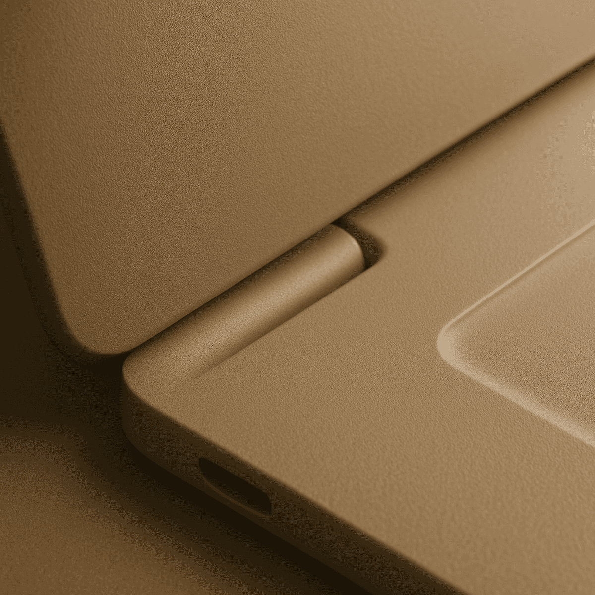 Close-up of a beige matte-textured hinge on a modern device, showcasing smooth edges and precision design. Minimalist and functional.