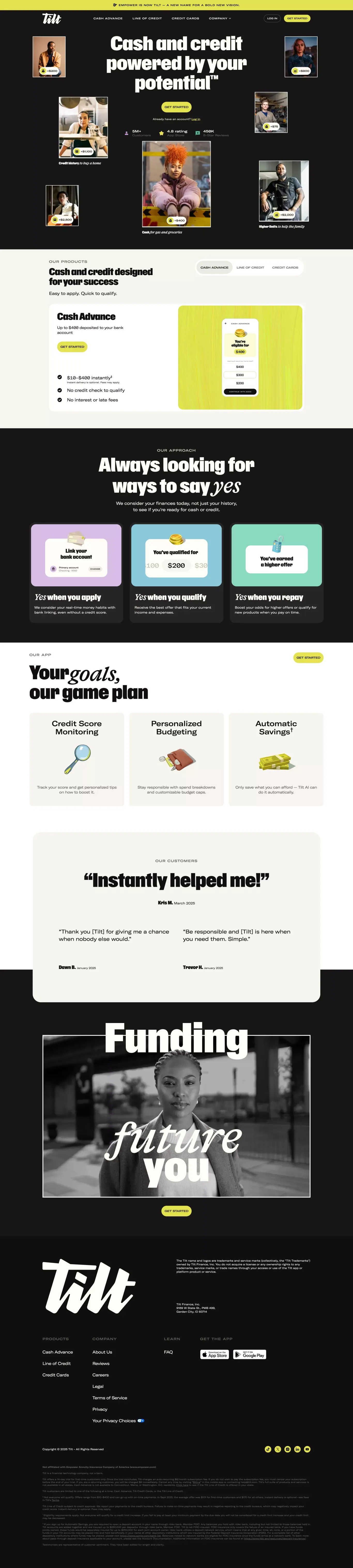 Cash Advances & Credit Cards landing page screenshot showcasing Finance and Tech design