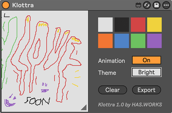 Klottra Max for Live device showing a colorful ‘LOVE SOON’ doodle and the export panel, demonstrating SVG vector export.