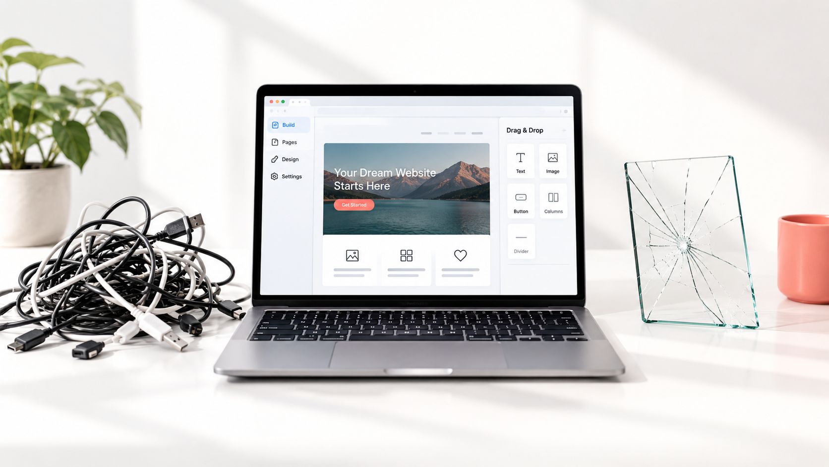 A modern laptop displaying a website builder interface sitting on a desk with cables and broken glass.