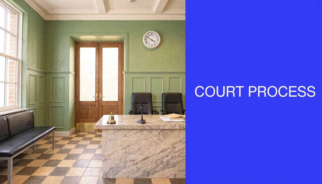 A professional interior of a courtroom featuring a wooden desk, judge's chairs, and a checkerboard tiled floor.