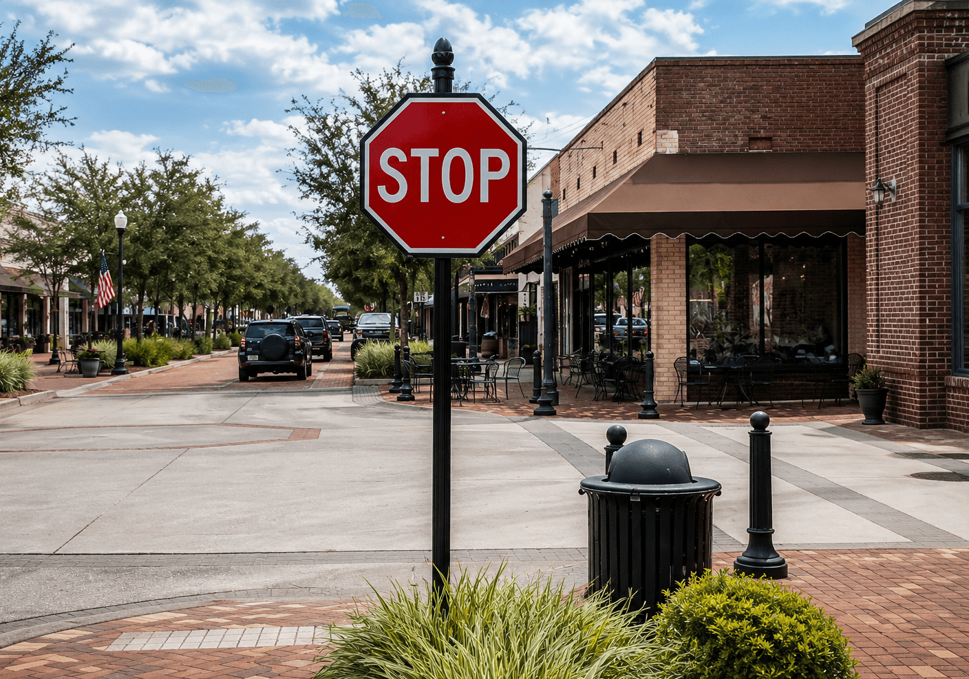 Freshly painted black decorative sign post with a standard STOP sign at a small downtown street corner