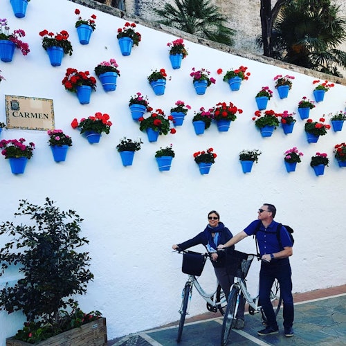 Two people with bicycles stand near a white wall adorned with numerous blue flower pots containing colorful flowers.