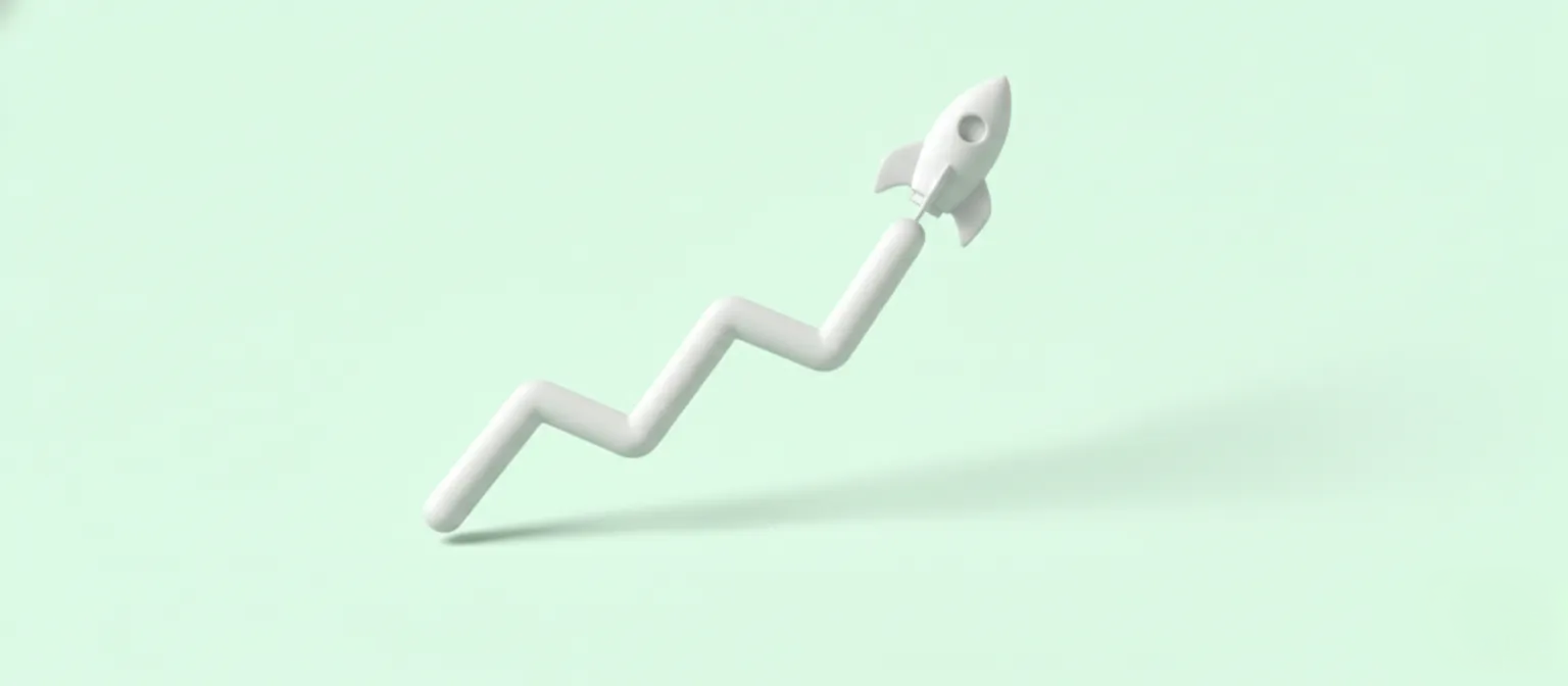 An isometric 3D illustration of a line chart with a rocket at the end