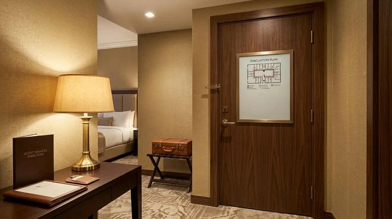 The inside of a hotel room door showing a framed emergency evacuation notice with a floor plan mounted low, and a much smaller QR card taped beside it.