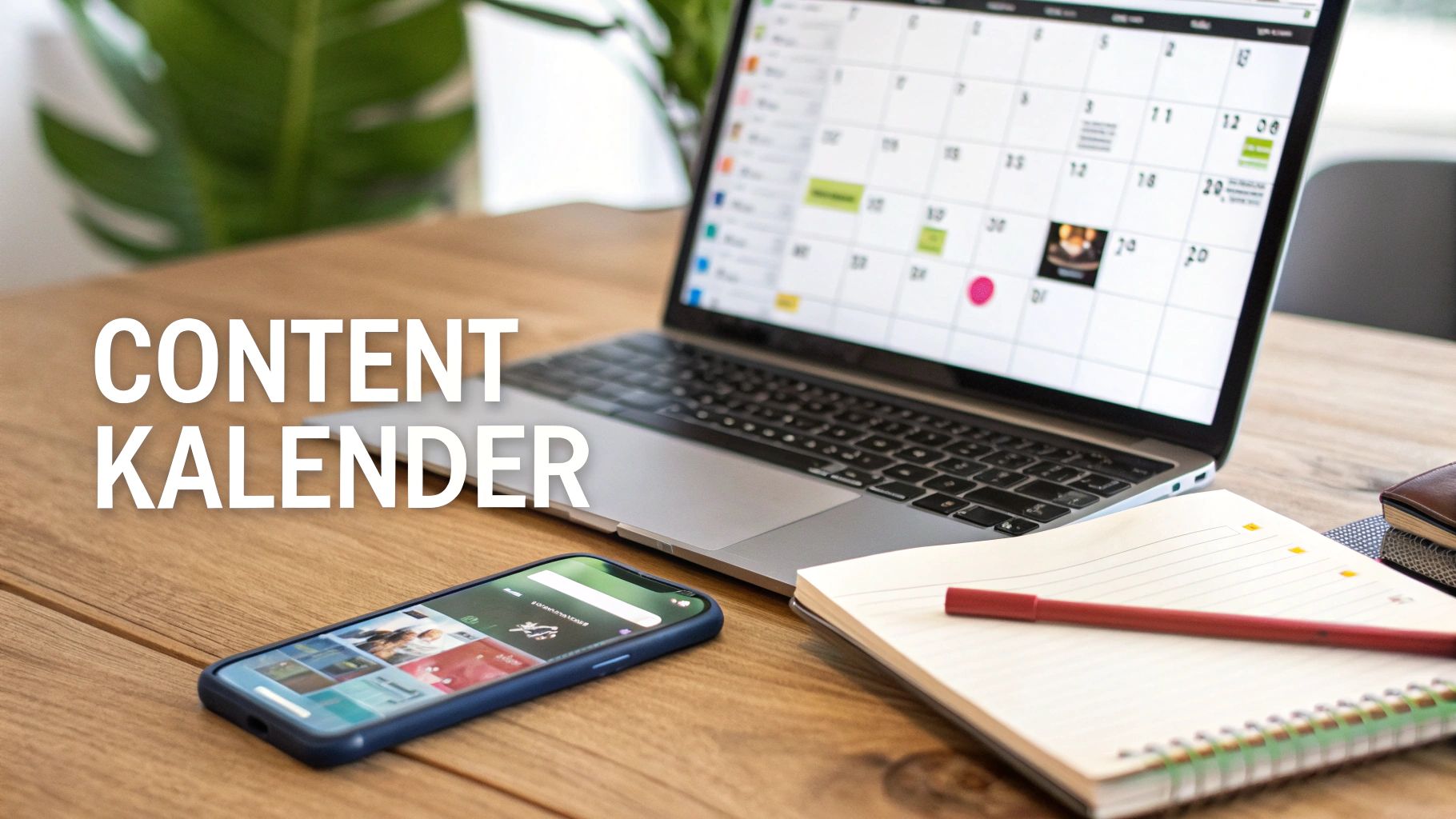 Laptop met inhoudskalender op scherm, smartphone en notitieboekje op een houten bureau, klaar voor digitale marketingplanning.