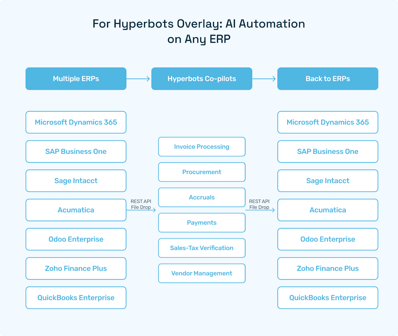 Flowchart “ERP Agnostic Hyperbots Layer” showing multiple ERPs feeding into Hyperbots Co-pilots, then back.