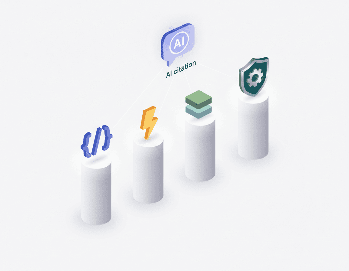 Four abstract pillars with icons supporting an AI chat bubble, representing key technical foundations for GEO