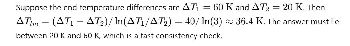 Logarithmic mean temperature difference calculation.