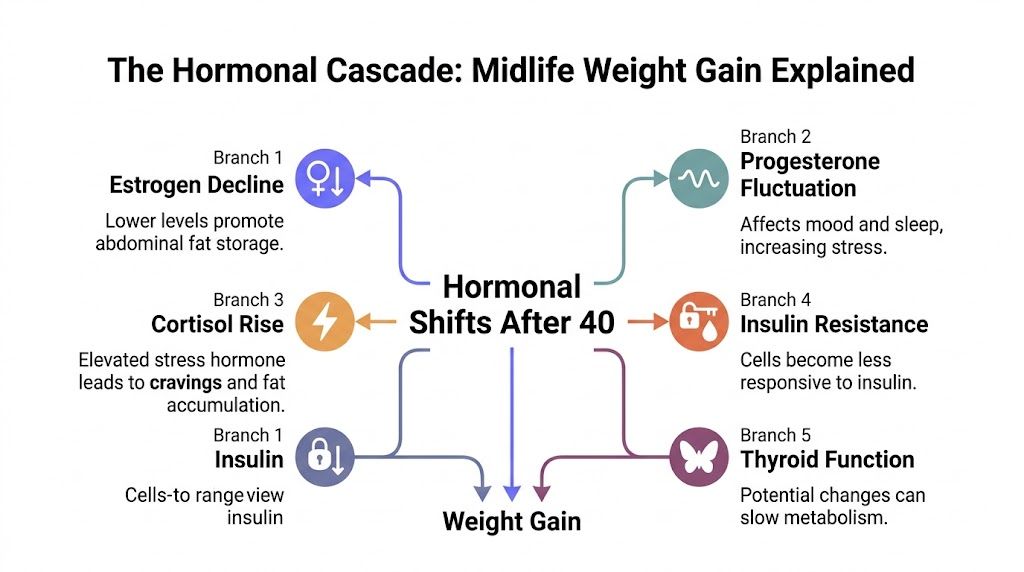 A diagram explaining the hormonal changes after age forty that contribute to midlife weight gain in women.