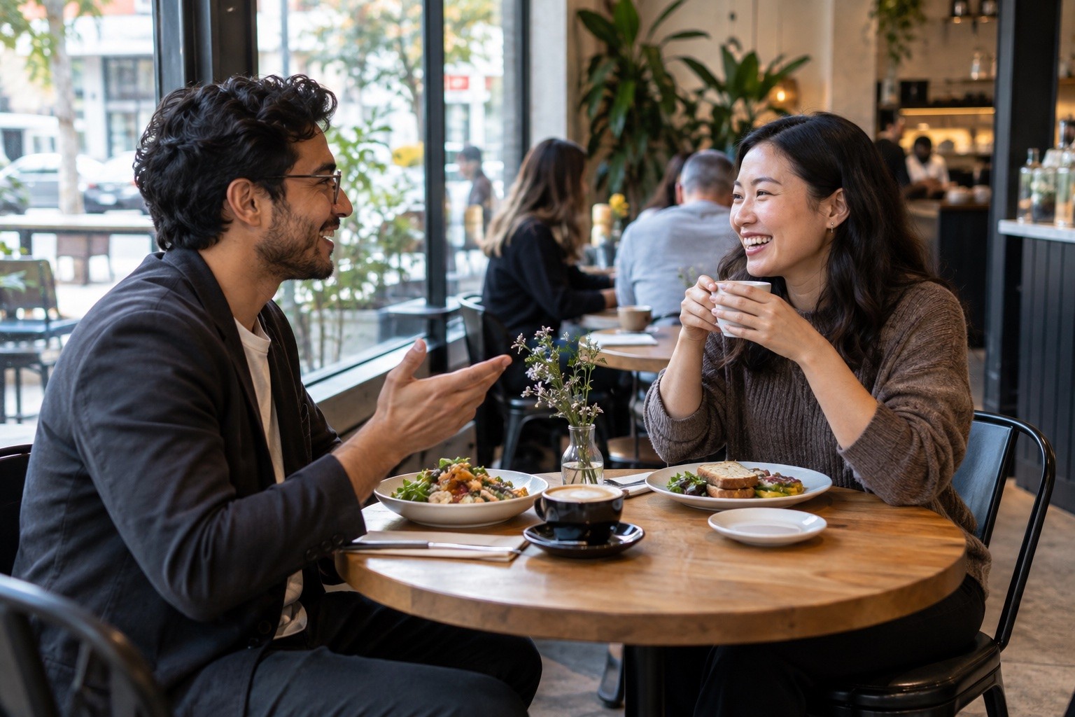 Two people sharing lunch and conversation at a neighborhood café