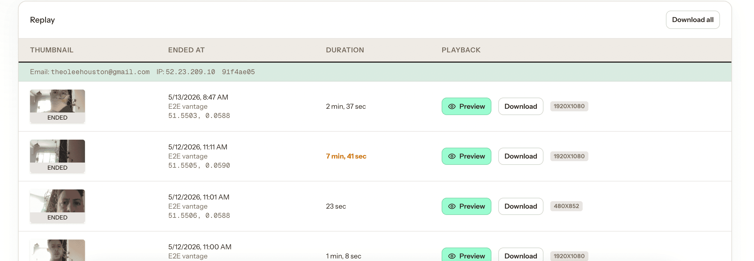 Replay list with thumbnails, end times, durations and download buttons